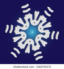 Simple snowflake with shadow on blue background. Vector illustration - icon. Abstract concept with expressive forms and colors. White New Year and Christmas 3d ornament for banner or cards.
