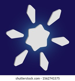 Simple snowflake with shadow on blue background. Vector illustration - texture. Magic concept with expressive forms and colors. White New Year and Christmas 3d ornament for banner or cards.