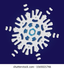Simple snowflake with shadow on blue background. Vector illustration - postcard. Original concept with expressive forms and colors. White New Year and Christmas 3d ornament for banner or cards.