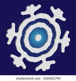 Simple snowflake with shadow on blue background. Vector illustration - wallpaper. Creative concept with expressive forms and colors. White New Year and Christmas 3d ornament for banner or cards.