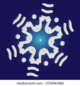 Simple snowflake with shadow on blue background. Creative concept with expressive forms and colors. Vector illustration - decoration. White New Year and Christmas 3d ornament for banner or cards.