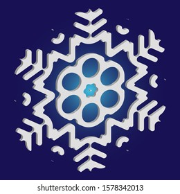 Simple snowflake with shadow on blue background. Abstract concept with expressive forms and colors. Vector illustration - poster. White New Year and Christmas 3d ornament for banner or cards.