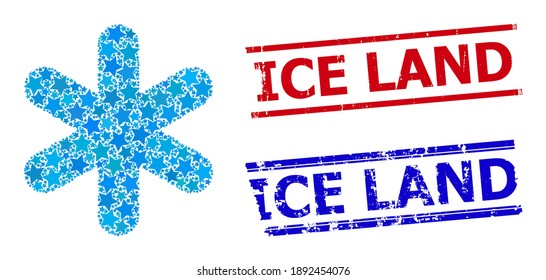 Simple snowflake star mosaic and grunge Ice Land stamps. Red and blue watermarks with rubber surface and Ice Land text.