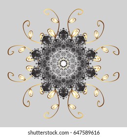 Simple snowflakes, floral elements, decorative ornament. Arab, Asian, ottoman motifs in light colors. Vector illustration. Winter pattern on gray background.