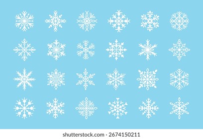 Flocos de neve simples. Formas geométricas de gelo. Padrões de renda ornamentados. Elementos de cristal congelado de inverno para férias e cartaz sazonal, cartão. Floco de neve branco sobre fundo azul. Conjunto de vetores.
