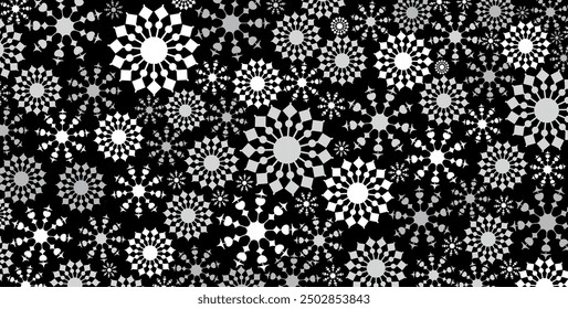 Simple Snowflakes Pattern on Black Background. Christmas Ornaments Vector. Winter Baubles. December. Holiday.