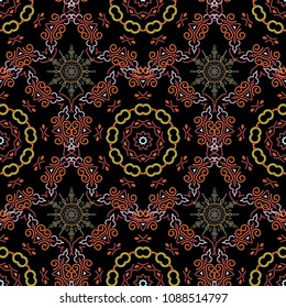 Simple snowflakes seamless pattern, floral elements, decorative ornament. Vector illustration. Seamless pattern on black background. Arab, Asian, ottoman motifs in yellow, orange and pink colors.