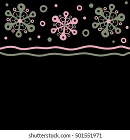 Simple snowflakes seamless pattern, floral elements decorative ornament. Horizontal seamless pattern on black background. Arab, Asian ottoman motifs in gray colors. Vector illustration with copy space