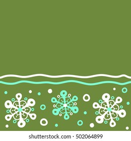 Simple snowflakes seamless pattern, floral elements, decorative ornament. Horizontal seamless pattern on green background. Arab, Asian, ottoman motifs. Vector illustration with place for your text.