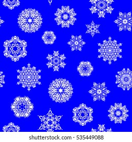 Simple snowflakes seamless pattern, floral elements, decorative ornament. Seamless pattern on blue background. Arab, Asian, ottoman motifs. Vector illustration.