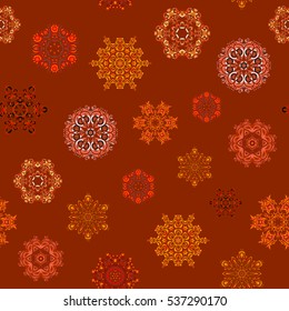 Simple snowflakes seamless pattern, floral elements, decorative ornament. Arab, Asian, ottoman motifs. Vector illustration. Seamless pattern on brown background.