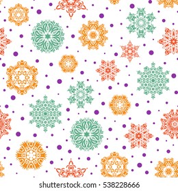 Simple snowflakes seamless pattern, floral elements, decorative ornament. Motifs in orange, violet and green colors. Vector illustration. Seamless pattern on white background.