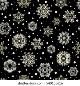 Simple snowflakes seamless pattern, floral elements, decorative ornament. Arab, Asian, ottoman motifs in beige colors. Vector illustration. Seamless pattern on black background.