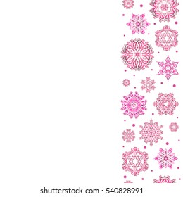 Simple snowflakes seamless pattern, floral elements, decorative ornament. Vector sketch with copy space. Vertical seamless pattern on white background. Arab, Asian, ottoman motifs in purple colors.