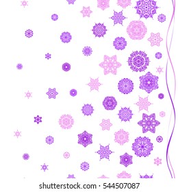 Simple snowflakes seamless pattern, floral elements, decorative ornament. Arab, Asian, ottoman motifs in violet and pink colors. Vector illustration. Seamless pattern on white background.