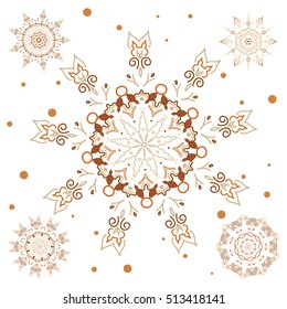 Simple snowflakes set, floral elements, decorative ornament. Illustration on a white background. Arab, Asian, ottoman motifs in brown colors. Vector illustration.