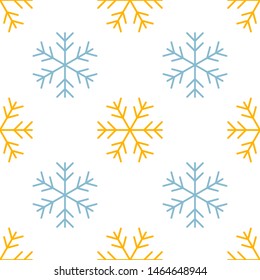Simple snowflakes of yellow and blue lines on white background, endless pattern.