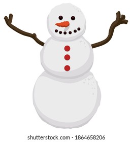 Simple snowman with branches like arms, smile with buttons and carrot like nose for winter season, isolated over white background.
