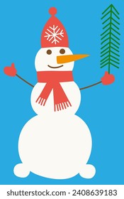 simple muñeco de nieve con sombrero y árbol de Navidad