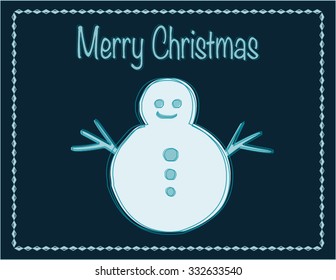 A simple Snowman on a dark background with a pattern frame and Merry Christmas text in vector format.
