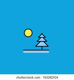 Simple snowy tree with sun scenery vector illustration