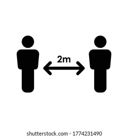 Simple distanciamiento social de 2 m vector de icono de signo. Siluetas negras de hombre sencillo con una distancia de flecha entre.  Puede utilizarse durante la prevención de brotes de coronavirus covid-19.