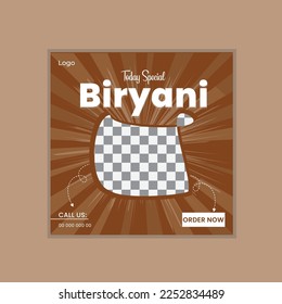 Plantilla de diseño simple de medios sociales. Diseño de publicaciones biryani en medios sociales. Diseño de comida en medios sociales. Archivo vector, fácil de editar. 