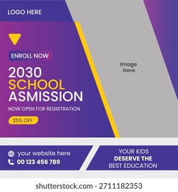 Um espaço reservado visual simples de admissão escolar de modelo de mídia social indicando a presença de um arquivo vetorial. Ideal para modelos de design, protótipos e exibição de elementos e ativos de design digital.