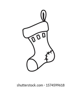
A simple sock for a gift with a loop with ties on the heel.Holiday
 .On hand-drawn, on a white isolated background.Design for greeting card,banner ,coloring