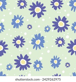 Simple soft flowers in a tossed repeat. Baby greens, blues, and purple.