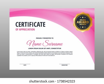 Simple Soft Pink Curve Certificate Design, Professional Modern Certificate Template Vector