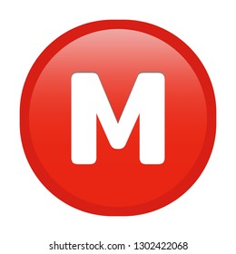 Simple soft Red English alphabet letter M circle button with inner shadow illustration in vector