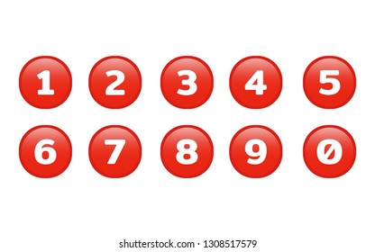 Simple soft Red number circle button set 1 - 0 with inner shadow illustration in vector