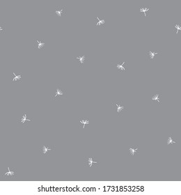 Simple soft vector repeat pattern with flying dandelion seeds on grey background.