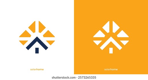 Simple Solar Home Logo Design. Solar Panel on Roof with Home and Sun Symbol. Renewable Energy Solar Power Logo Design Template.