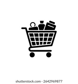 A simple, solid black icon of a shopping cart, filled with grocery items and other products. Isolated against a plain white backdrop, flat vector design.