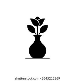 A simple, solid black silhouette image shows a stylized rose with three leaves arranged in a vase, which is placed on a flat, horizontal stand.