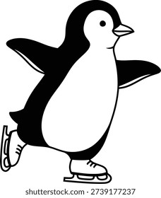 A simple solid black silhouette of a penguin wearing ice skates isolated against a white background