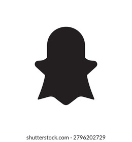 A simple, solid black silhouette resembling a ghostly or spectral figure with a rounded head and flowing, wispy lower edges stands against a stark white background. The image features no shading, text.