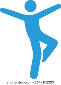  a simple, solid blue silhouette icon of a person balancing on one leg with arms outstretched