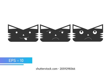 Simple solid color cat or tiger face with emotions, fanny, jealous, thinks. Symbol for 2022 year. Icon. Isolated on a white background. Flat vector illustration.