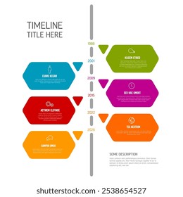 Simple solid color timeline template with content hexagons and triangle arrows multipurpose time line template on white background with years and icons