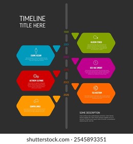 Simple solid color timeline template with content hexagons and triangle arrows multipurpose time line template on dark background with years and icons