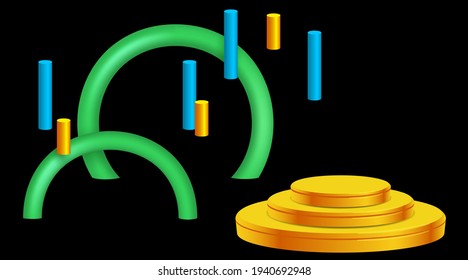 Simple solid geometries. Arches, cylinders and gold pedestal. Volumetric objects