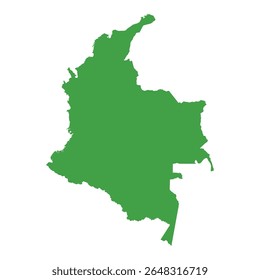Mapa de contorno verde sólido simples mostrando a forma da Colômbia sem rótulos ou bordas.