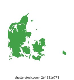 Simples mapa de contorno verde sólido mostrando a forma da Dinamarca sem rótulos ou bordas.