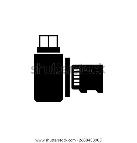 Simple solid icon featuring a USB flash drive and an accompanying memory card.