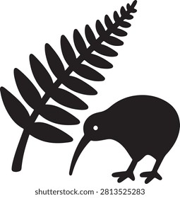 Simple solid style. Leaf, logo, nz, kiwi, maori, silhouette, bird, sign, new zealand symbol concept design. Fern glyph icon silhouette vector illustration