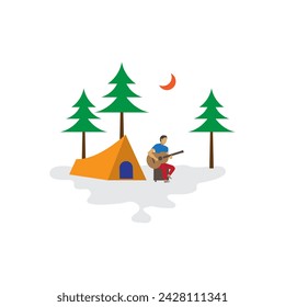 Simple solo camping alone with tent at forest, enjoyment playing guitar during rest, vacation and journey travel exploration trip concept, editable object individual design and text