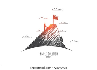 Simple solution concept. Hand drawn man climbs the stairs. Smart person trying to make right decision isolated vector illustration.